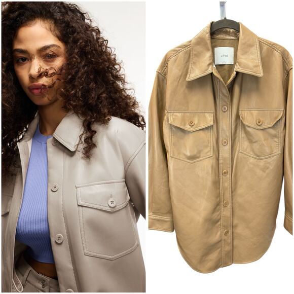 Aritzia Ganna Faux Leather Shirt Jacket Cognac Brown Small Relaxed Shacket - Picture 1 of 11